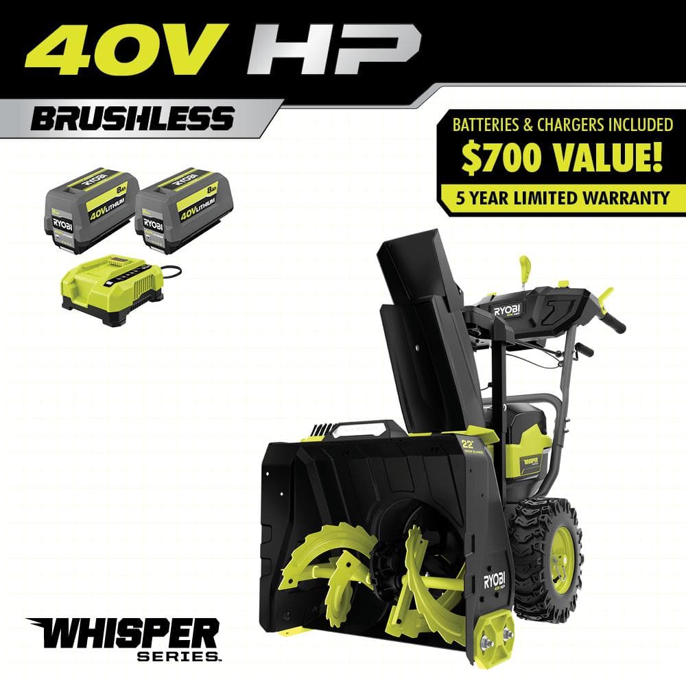 40V HP Brushless Whisper Series 22"" 2-Stage Cordless Electric Self-Propelled Snow Blower - (2) 8 Ah Batteries & Charger -  RYOBI, RY408150VNM