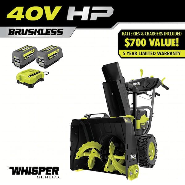 RYOBI 40V HP Brushless Whisper Series 22" 2-Stage Cordless Electric Self-Propelled Snow Blower - (2) 8 Ah Batteries & Charger