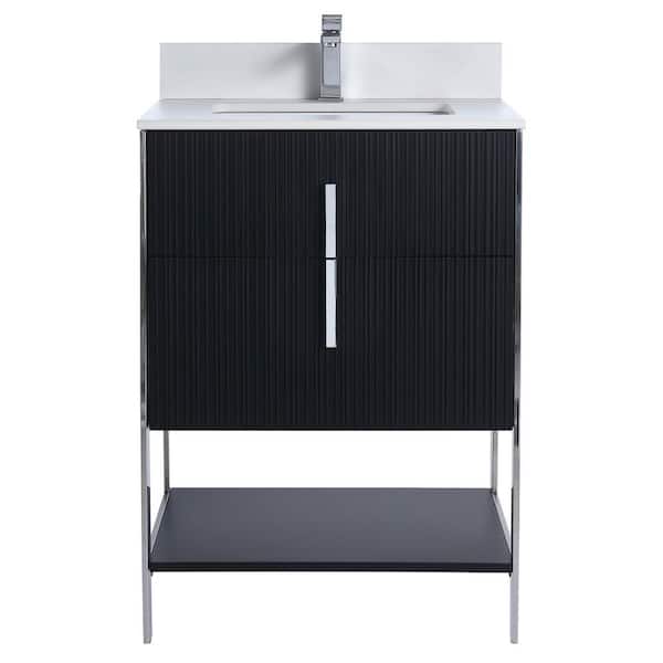 FINE FIXTURES 24 in. W x 18 in. D x 33.5 in. H in Black Matte Bath Vanity with White Sintered Stone Top with Chrome Hardware