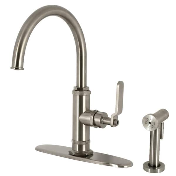 Kingston Brass Whitaker Deck Mount Single Handle Standard Kitchen Faucet with Sprayer in Brushed Nickel