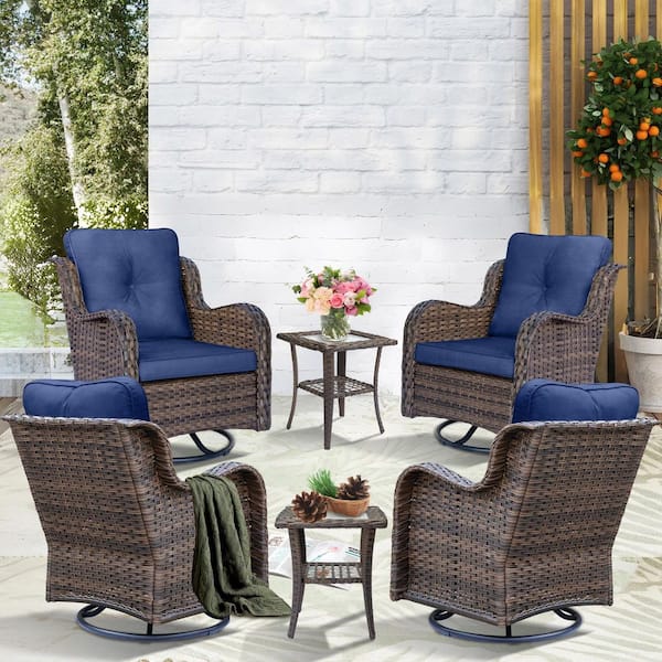 Brown 6 Piece Wicker Patio Conversation Set Swivel Rocking Chairs with Side Table and Navy Blue Cushions