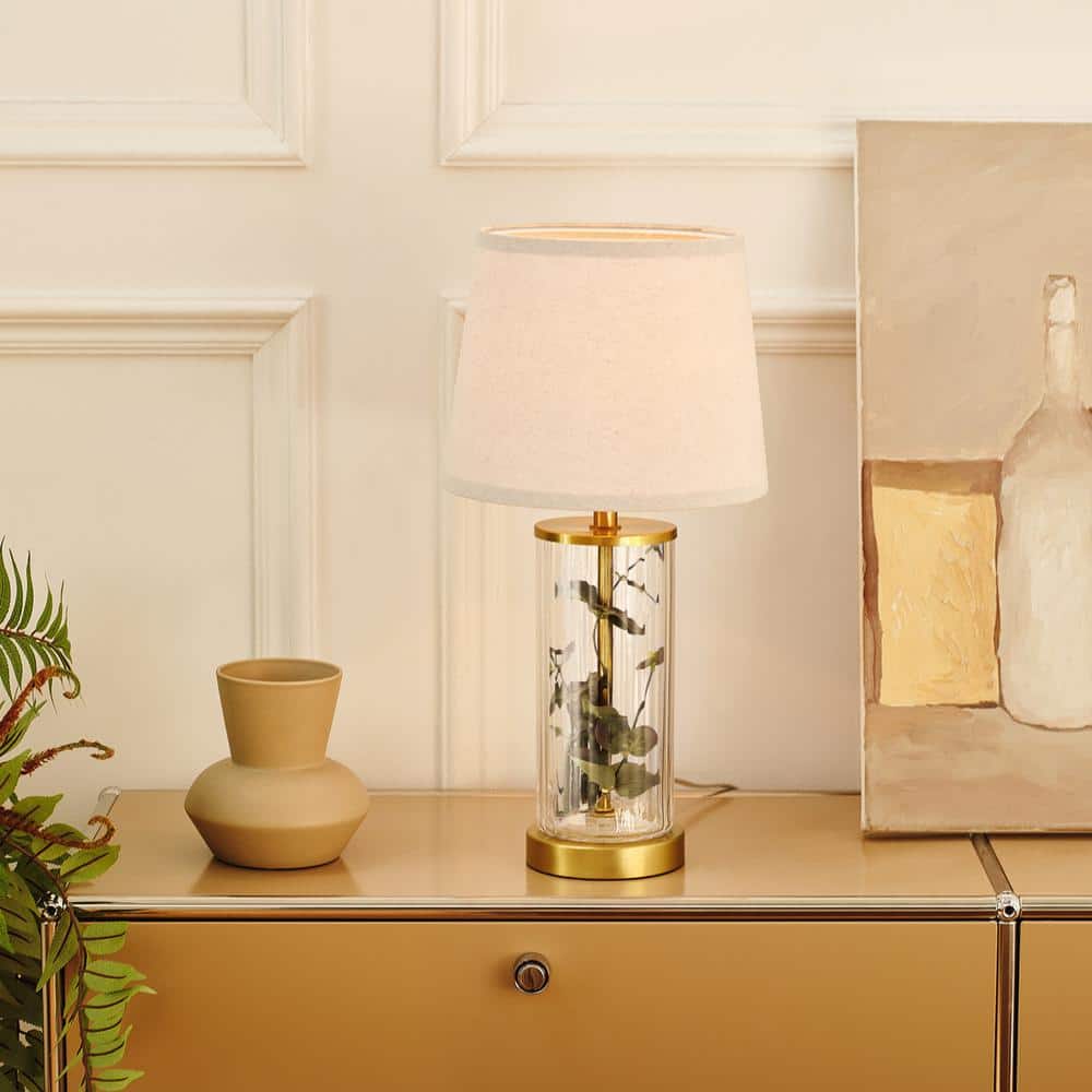20" Clear Glass Table Lamp with Matte Brass Accents and Off-White Linen Shade