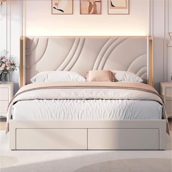 Just Beige Wood Frame King Size Upholstered Platform Bed with Wingback Headboard, Storage Drawers, RGB Light