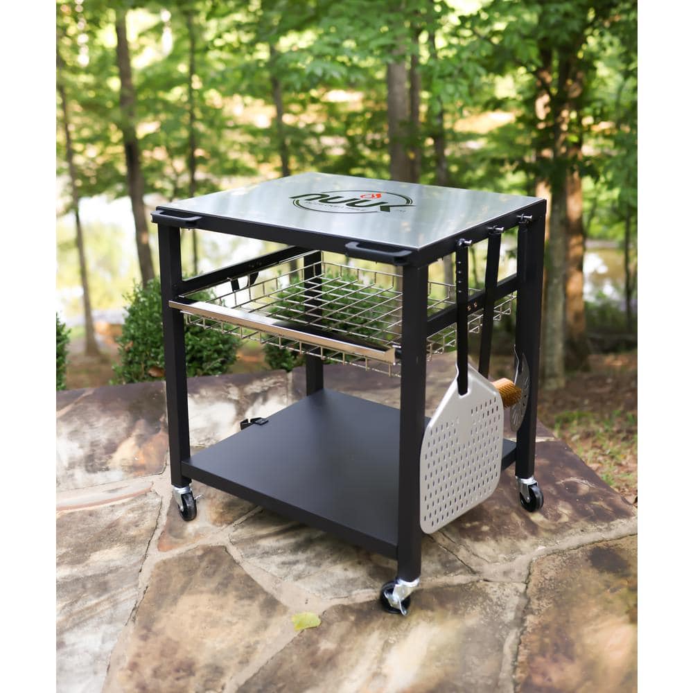 NUUK Stainless Steel Rolling Outdoor Pizza Oven Table with Shelves
