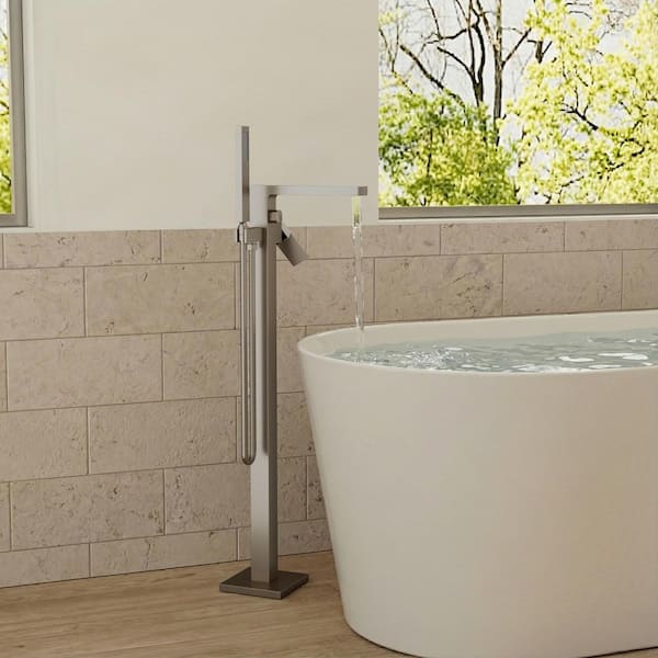 Single-Handle Floor Mount Freestanding Bathtub Faucet with Hand Shower in Brushed Nickel