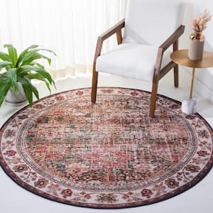 Tuscon Ivory/Green 6 ft. x 6 ft. Machine Washable Floral Border Round Area Rug