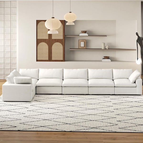 157 in. Square Arm 6-Piece Linen U-shaped Sectional Sofa Cloud Couch in White with Storage Ottomans