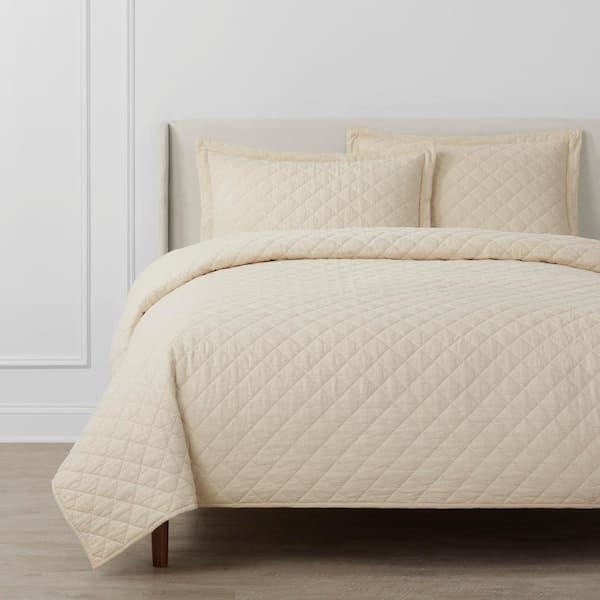 3-Piece Oatmeal Cotton Linen Blend King Quilt Set
