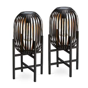 14.25 in. H Slim-shaped Black Metal Stripes Solar Powered Edison Bulb Slim Outdoor Lantern with Stand (Set of 2)