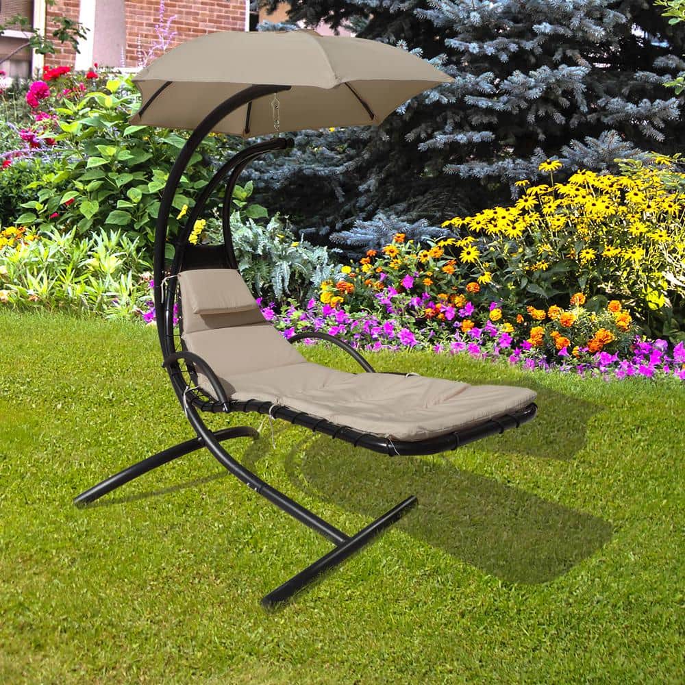 Khaki Hanging Chaise Lounge Chair with Cushions and Umbrella