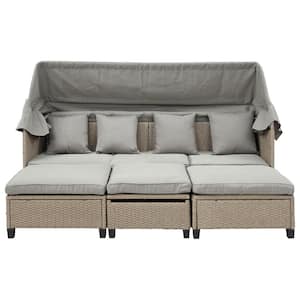 4-Piece Patio Outdoor Rattan Conversation Set Daybed Sofa with Retractable Canopy, Gray Cushion and Lifting Table