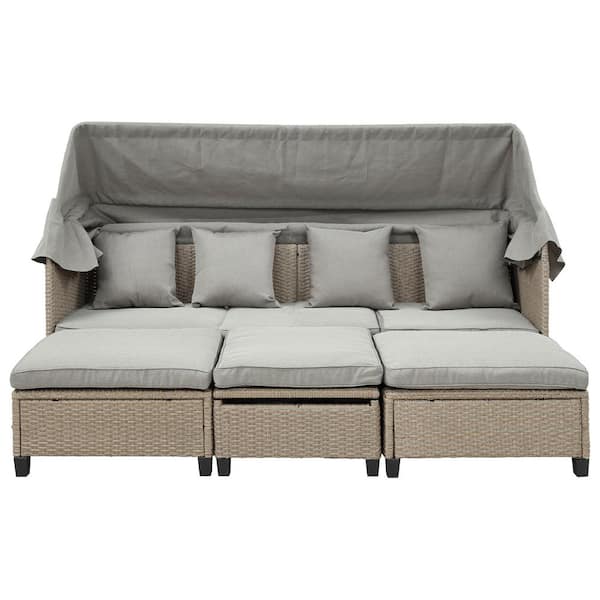 Zeus & Ruta 4-Piece Patio Outdoor Rattan Conversation Set Daybed Sofa with Retractable Canopy, Gray Cushion and Lifting Table