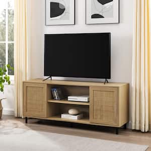 58 in. Coastal Oak Rattan and Wood Modern 2-Door TV Stand for TVs Up to 60 in.