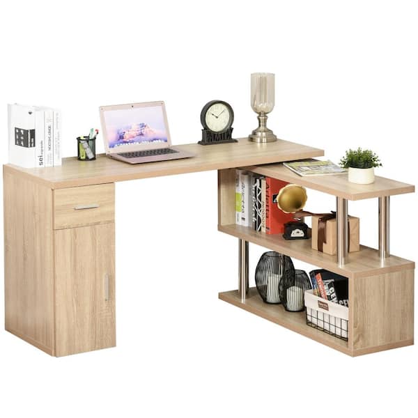 HOMCOM 55 in. L-Shaped Natural 1-Drawer Writing Computer Desk with Storage Shelves