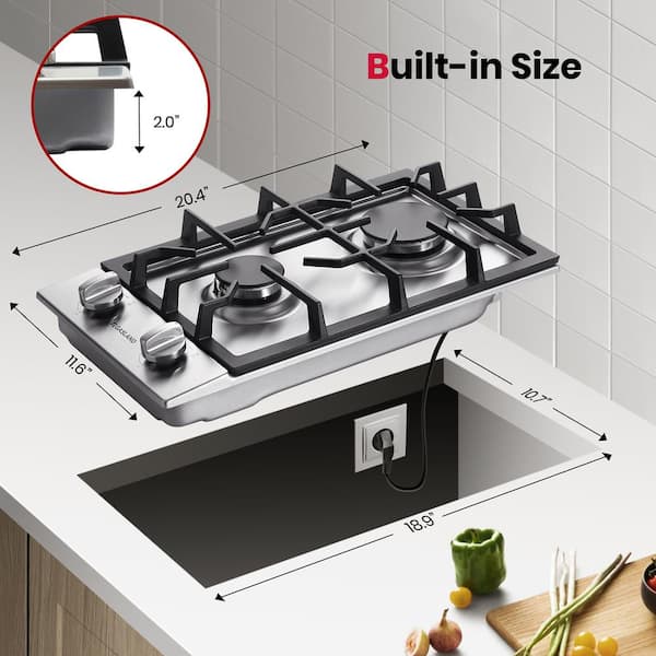 12 in. Built-in Recessed Gas Cooktop in Stainless Steel with 2-Sealed Burners, ETL Certified