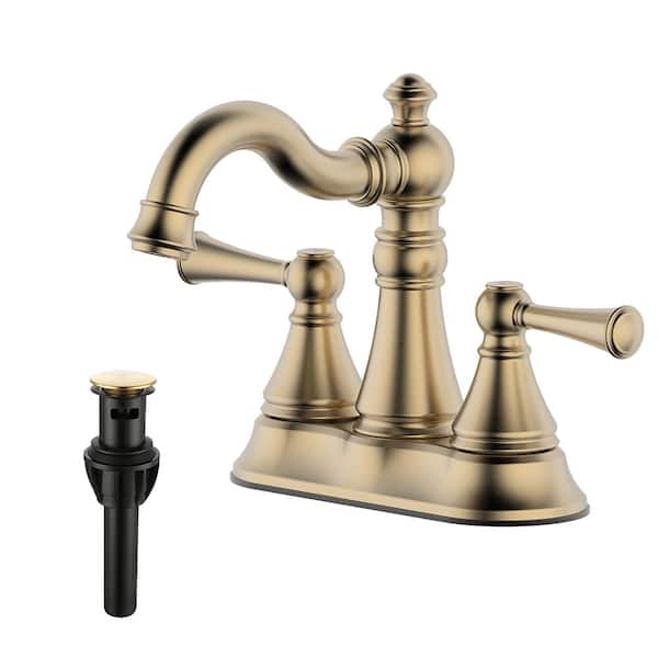 Cassic 4 in. Centerset Double Handle High Arc Bathroom Faucet with Push-Up Pop-Up Drain in Brushed Gold