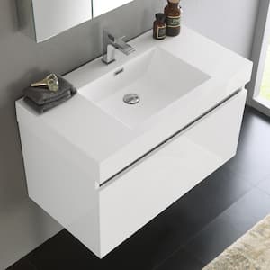 Mezzo 36 in. Vanity in White with Acrylic Vanity Top in White with White Basin and Mirrored Medicine Cabinet