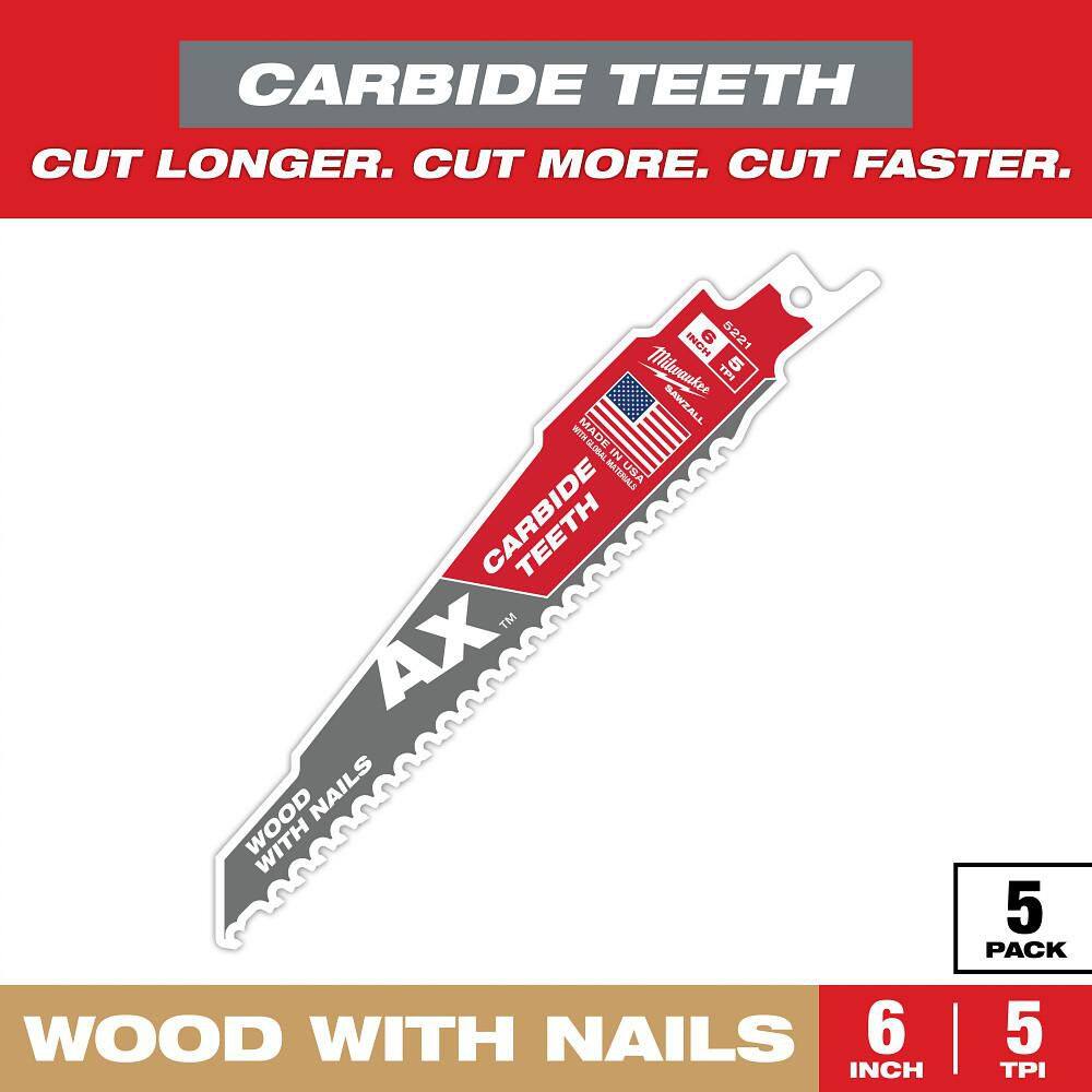 6 in. 5 TPI AX Carbide Teeth Demolition Nail-Embedded Wood Cutting SAWZALL Reciprocating Saw Blades (5-Pack) price history on PriceWatchPro