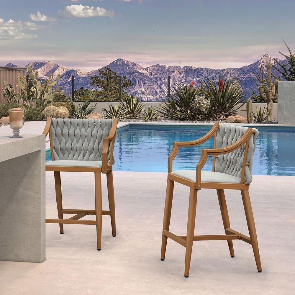 Aluminum Frame Counter Height Outdoor Bar Stool with Teak Cushion and Back for Kitchen and Garden (2 Pack) price history on PriceWatchPro