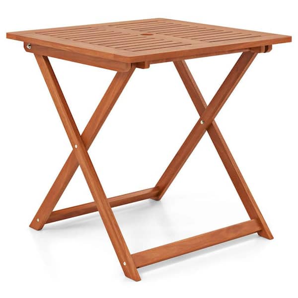 Costway 1-Pieces Wood 29.5 in. x 29.5 in. Outdoor Dining Table with Teak Painting 2 in. Umbrella Hole for Balcony