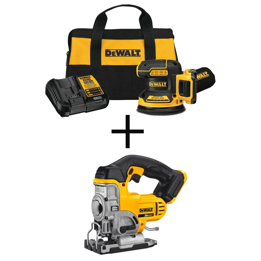 DEWALT 20V MAX XR Cordless Brushless 5 in. Random Orbital Sander, 20V MAX Jigsaw, (1) 20V 2.0Ah Battery, and Charger