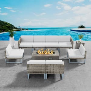 Brown Rattan Wicker 8 Seat 10-Piece Steel Outdoor Fire Pit Patio Set with Beige Cushions and Rectangular Fire Pit Table