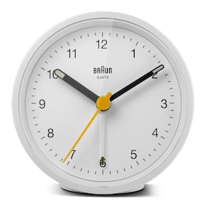 Braun Classic Analog Alarm Clock, Snooze and Light, Quiet Quartz Movement, Crescendo Beep Alarm in White, model BC12W.
