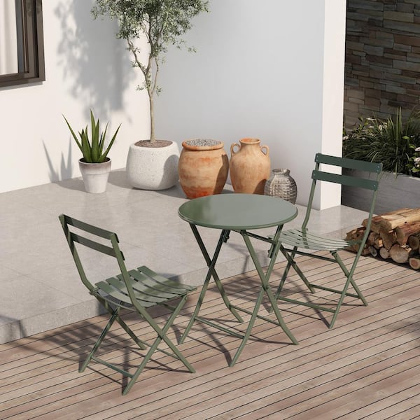 Boosicavelly Dark Green 3-Piece Metal Outdoor Bistro Set with Foldable Round Table and Chairs