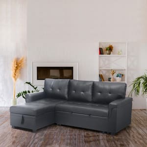 84.64 in. Faux Leather L-Shaped Sleeper Sectional Sofa with Square Arms in Dark Gray Reversible Chaise and Pull-out Sofa