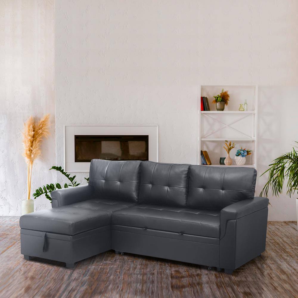 84.64 in. Faux Leather L-Shaped Sleeper Sectional Sofa with Square Arms in Dark Gray, Reversible Chaise and Pull-Out Bed