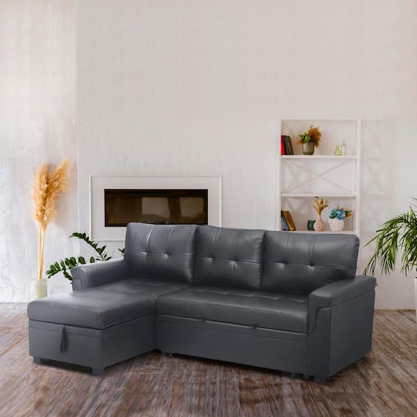 MAYKOOSH 84.64 in. Faux Leather L-Shaped Sleeper Sectional Sofa with Square Arms in Dark Gray, Reversible Chaise and Pull-Out Bed