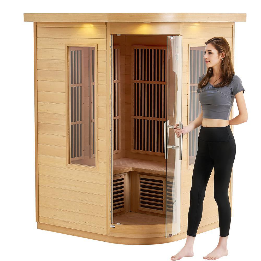 Far Infrared Wooden Sauna 2-Person Indoor Hemlock Sauna Room Home Low EMF Far Infrared Sauna With Tempered Glass Door