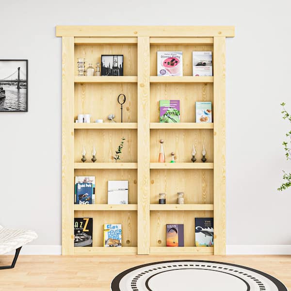 56 in. x 80 in. Assembled Universal/Reversible Solid Core Unfinished Wood 4-Shelf Flush Mount Hidden Bookcase Door