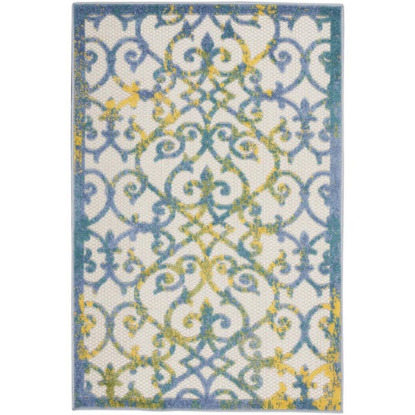 Ivory, Blue 3 ft. x 4 ft. Woven Polypropylene Indoor/Outdoor Area Rug
