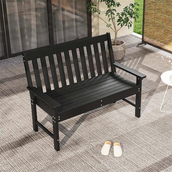 Black Plastic Outdoor Bench All-Weather 2-Person Outdoor Bench for Front Porch Garden Backyard