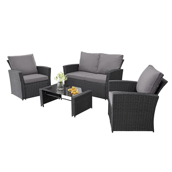 Unbranded Black 4-Piece Wicker Outdoor Sofa Sectional Set Conversation Set with Gray Cushions and Tempered Glass Table