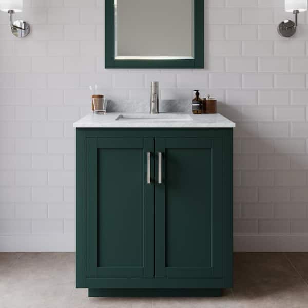 Wyndham Collection Miranda 30 in. W x 22 in. D x 33.75 in. H Single Bath Vanity in Green with White Carrara Marble Top