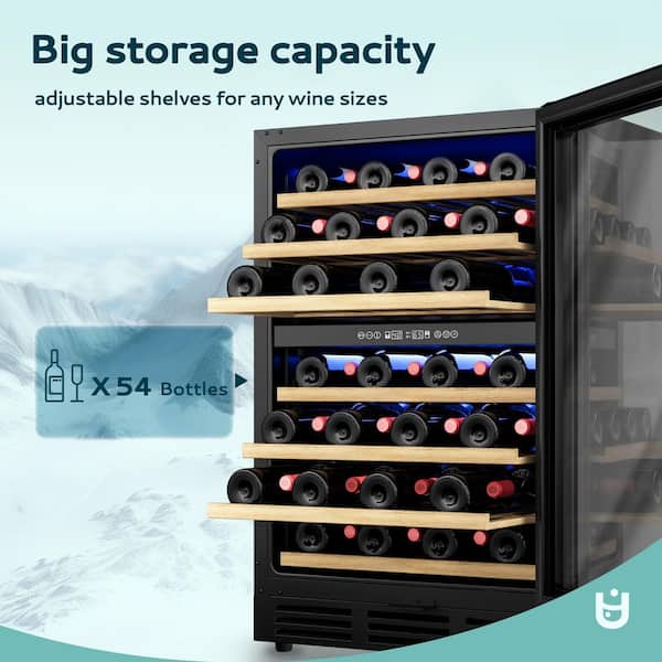 23.5 in. Dual Zone 54-Bottle Undercounter/ Freestanding Wine Cooler in Black