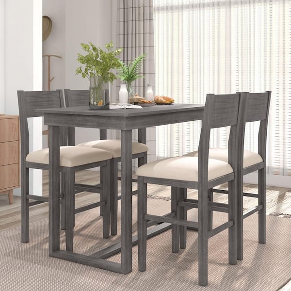 Harper & Bright Designs Rustic Style Gray Counter Height 5-Piece Wood Dining Table Set with 4-Beige Upholstered Chairs