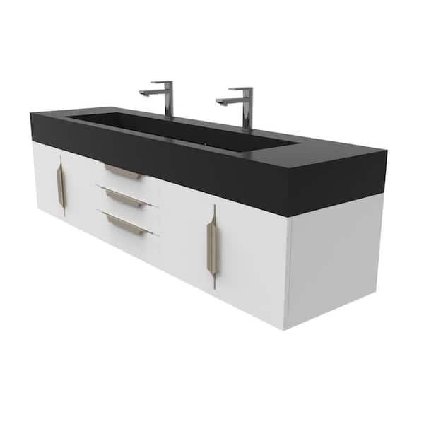 castellousa Nile 72 in. W x 19 in. D x 20 in. H Single Bath Vanity in Matte White with Gold Trim and Black Solid Surface Top