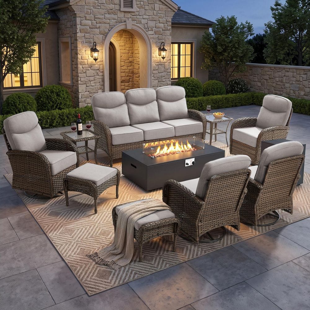 Goyal Brown 10-Piece Wicker Patio Fire Pit Conversation Sofa Set Outdoor Swivel Glider Chairs with 6 in. Beige Cushions price history on PriceWatchPro