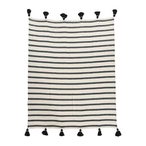 Black & Natural Striped Timeless Colors Cotton Throw Blanket with Tassels