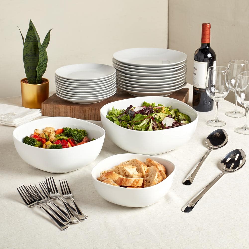 White Ceramic Microwave Safe Serving Bowl Set, 3 Piece
