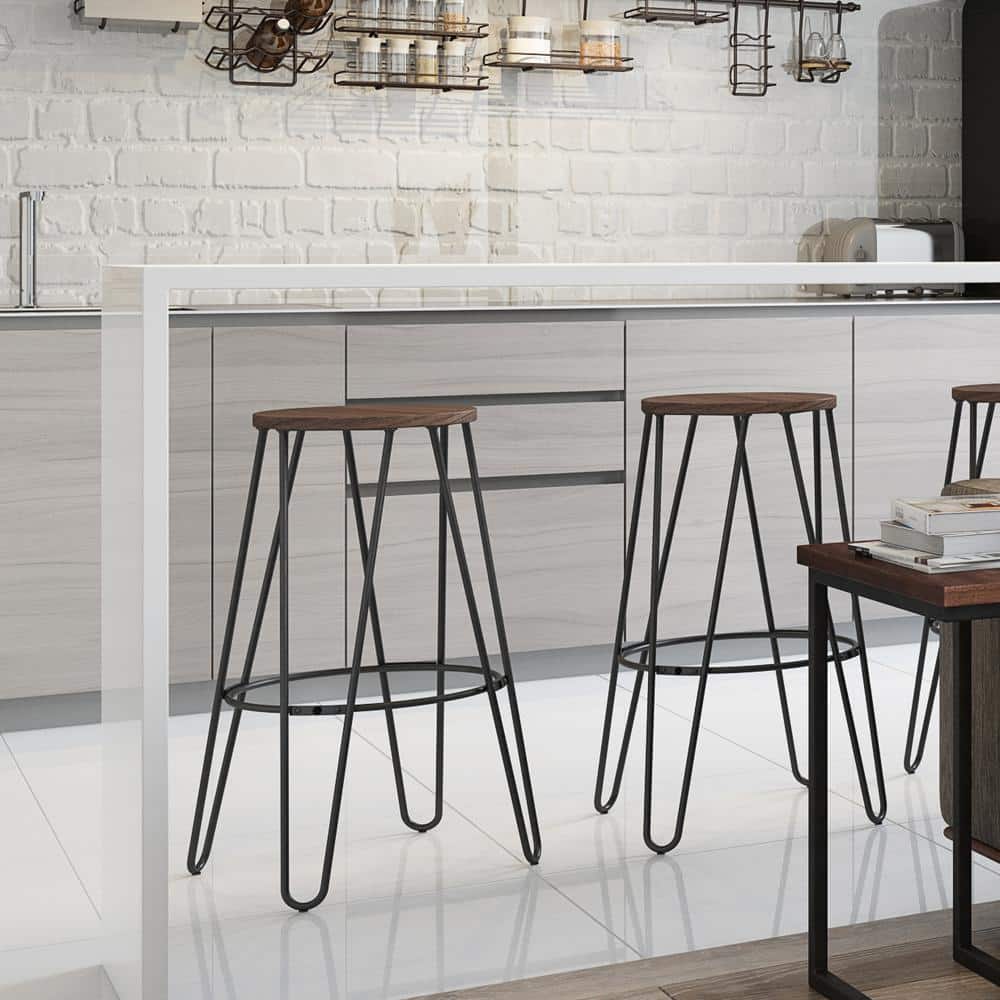 Simeon 26" Cocoa Brown and Black Metal Counter Stools with Elm Wood Seat