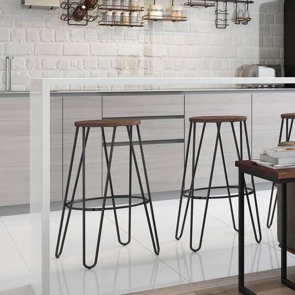 Simeon in Cocoa Brown / Black 26 inch Metal Counter Height Stool with Wood Seat (Set of 2)
