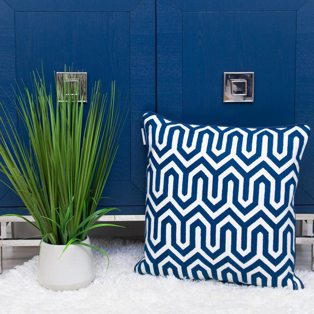 Blue and White Embroidered Geometric Square 20" Pillow