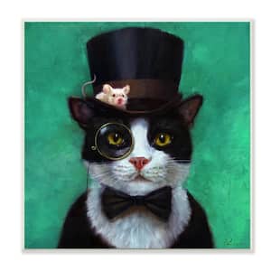 The Stupell Home Decor Collection Good Sir Top Hat Cat with A Mouse and A Monocle Turquoise Painting Wall Plaque Art, 12 x 12