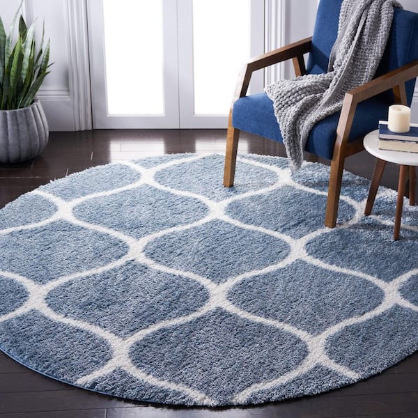 Tahoe Shag 7 ft. x 7 ft. Blue/White Trellis Modern Round Area Rug