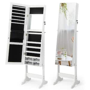 White Jewelry Cabinet Armoire Full Length Frameless Mirror Lockable with Lights