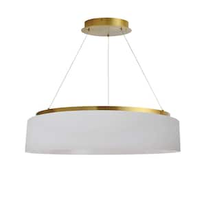 Circulo 1-Light Dimmable Integrated LED Aged Brass Shaded Chandelier with White Fabric Shade